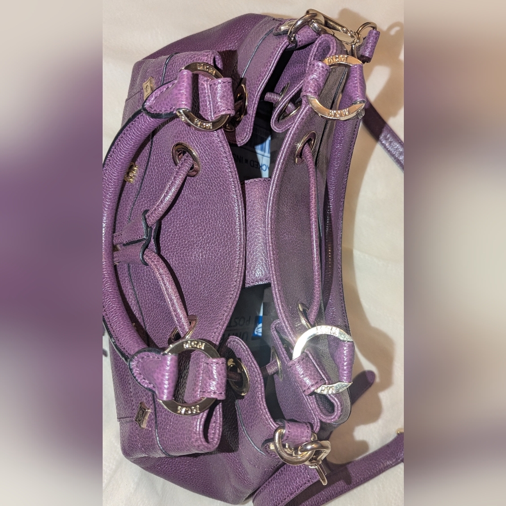 MCM Two-Way Leather Drawstring Bucket Bag Purple COA VGUC - Picture 6 of 14